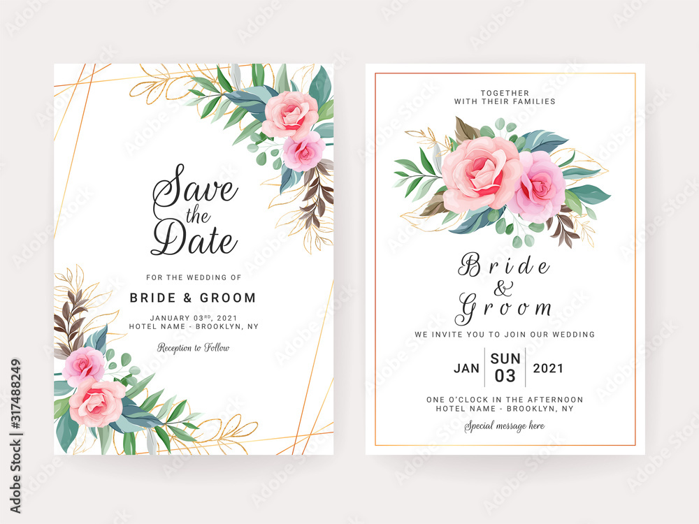 Set of cards with floral decoration. Elegant wedding invitation template design of peach rose flowers and gold leaves. Botanic illustration for save the date, event, cover, poster vector