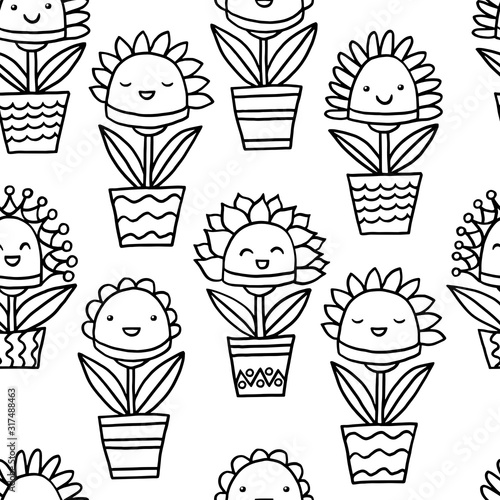 Seamless pattern with abstract smiling potted flowers, coloring page