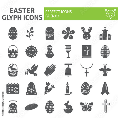 Easter glyph icon set, spring holiday symbols collection, vector sketches, logo illustrations, religion icons, business signs solid pictograms package isolated on white background, eps 10.