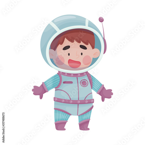 Little Astronaut Wearing Spacesuit Exploring the Moon Vector Illustration