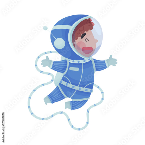 Little Boy Astronaut Wearing Spacesuit Exploring the Moon Vector Illustration