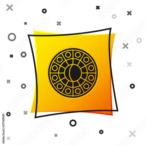 Black Astrology horoscope circle with zodiac icon isolated on white background. Yellow square button. Vector Illustration