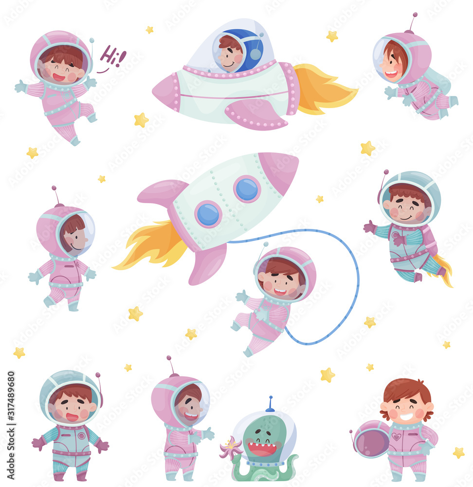 Little Astronaut Wearing Spacesuit Exploring the Moon Vector Illustrations Set Little Astronaut Wearing Spacesuit Exploring the Moon Vector Illustrations Set