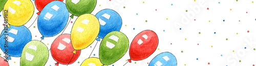 Watercolor banner with birthday balloons for congratulations. Greeting card, background, postcard, invitation. Hand drawn cute air balls for holiday, party photo