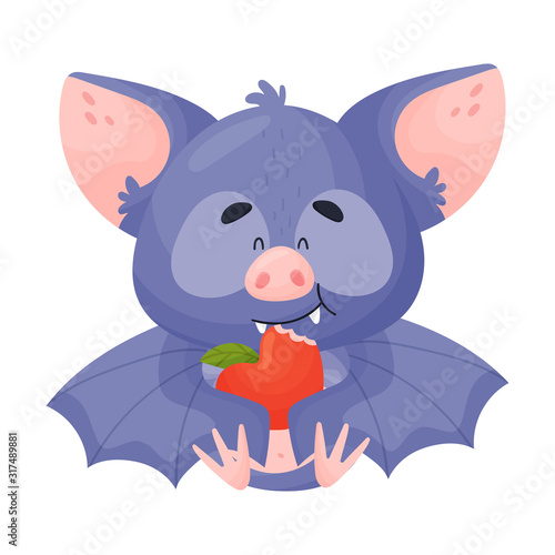 Cartoon Bat Character Eating Apple Vector Illustration