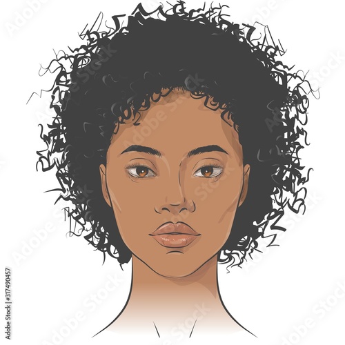 Vector African American dark-skinned woman face with healthy skin and curly hair.