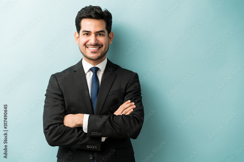 Handsome Hispanic Businessman In Black Suit - obrazy, fototapety, plakaty 