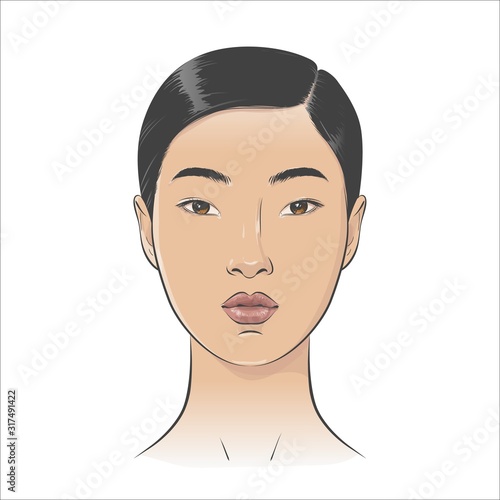 Asian Woman face. Black and white line sketch front portrait