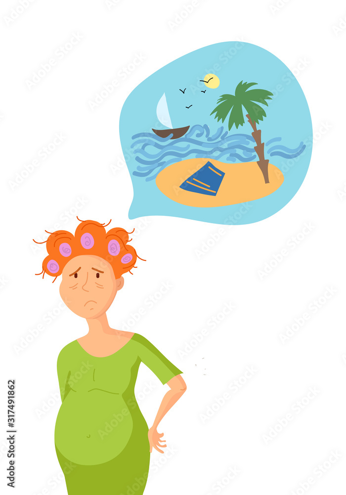 Young tired mother dreaming about vacation. Motherhood cartoon flat illustration.