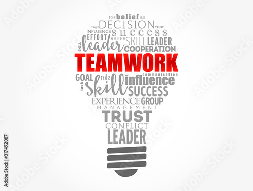 Teamwork light bulb word cloud, business concept background