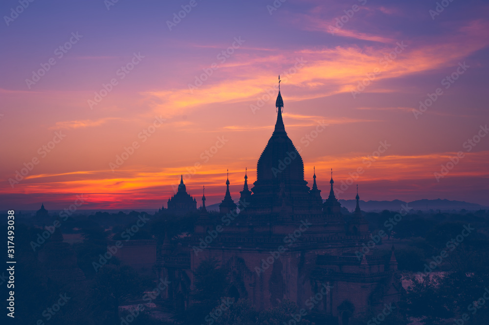 Ancient Buddhist Temples of Bagan Kingdom at sunrise. Myanmar (Burma)