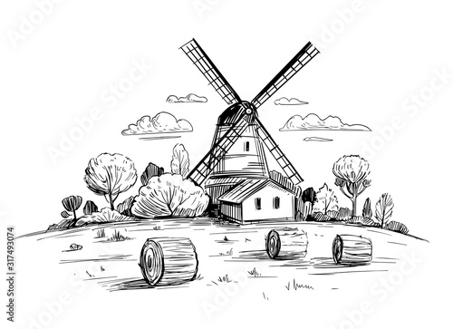 Countryside landscape with a mill. Hand drawn illustration converted to vector. Outline isolated on transparent background
