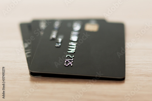 Three black credit cards. Plastic card. Contactless payment Plastic card. Credit card payment.