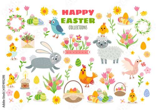 Set of easter cartoon characters and design elements