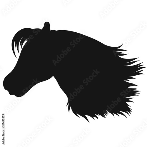 black silhouette of a horse head with a fluffy mane