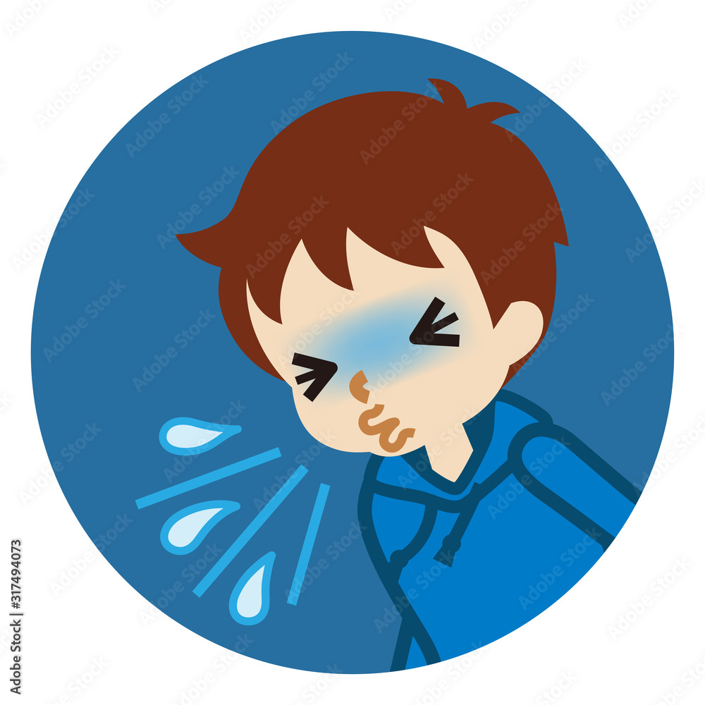 Toddler boy suffering from sneeze - flu symptom clip art, circular icon