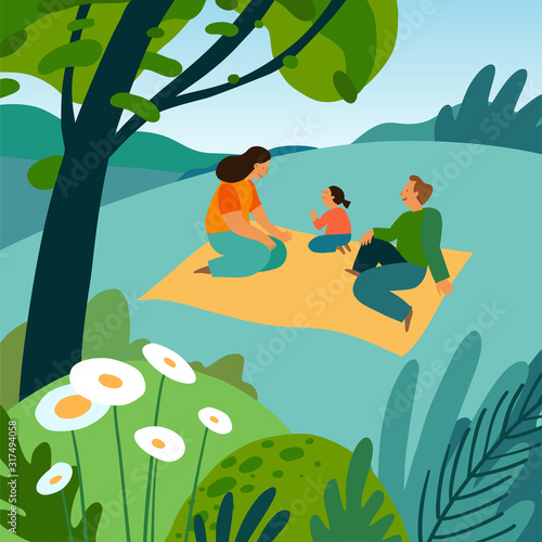 Vector illustration in flat cartoon simple style with characters -  happy family spending time in summer park