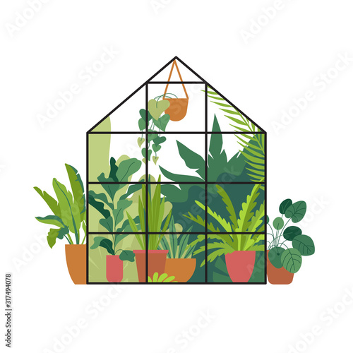 Valokuvatapetti Vector illustration in flat simple style - greenhouse with plants, stylish urban