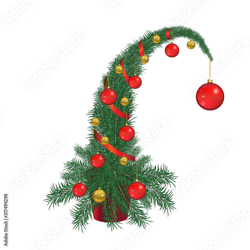 Christmas tree with red and gold toys, the top of the tree is tilted, poster, isolated photo