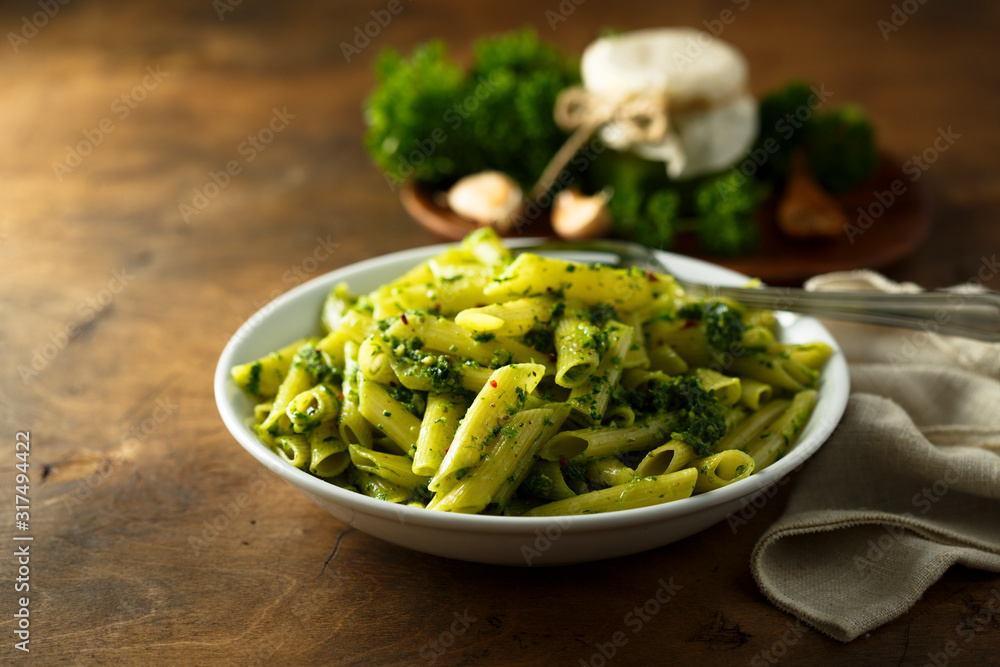 Pasta with homemade pesto sauce Pasta with homemade pesto sauce