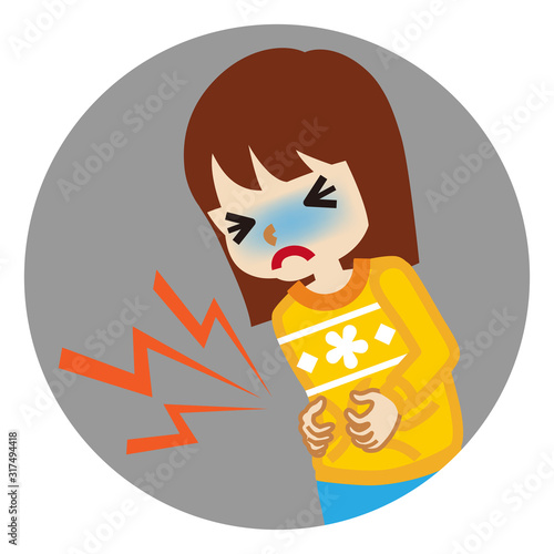 Toddler girl suffering from stomach ache - flu symptom clip art, circular icon