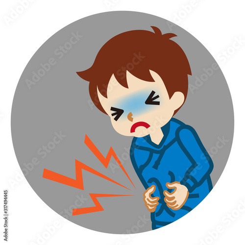 Toddler boy suffering from stomach ache - flu symptom clip art, circular icon