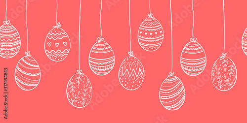 Cute hand drawn hanging easter eggs horizontal seamless pattern, fun garland, great for textiles, banners, wallpapers, easter cards and wrapping - vector design