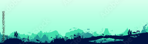 Silhouette of fish and algae on the background of reefs. Underwater ocean scene. Deep blue water, coral reef and underwater plants. a beautiful underwater scene; a vector seascape with reef.	