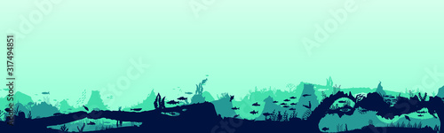 Silhouette of fish and algae on the background of reefs. Underwater ocean scene. Deep blue water, coral reef and underwater plants. a beautiful underwater scene; a vector seascape with reef.	