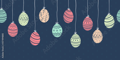 Cute hand drawn hanging easter eggs horizontal seamless pattern, fun garland, great for textiles, banners, wallpapers, easter cards and wrapping - vector design