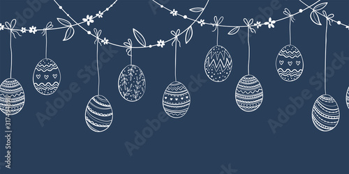 Cute hand drawn hanging easter eggs horizontal seamless pattern, fun garland, great for textiles, banners, wallpapers, easter cards and wrapping - vector design