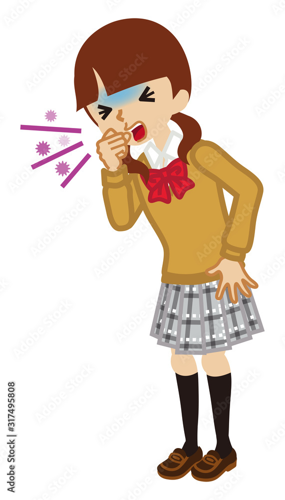 Female high school student suffering from cough - flu symptom clip art, full length Female high school student suffering from cough - flu symptom clip art, full length