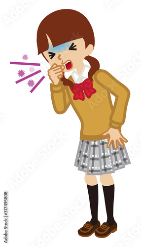 Female high school student suffering from cough - flu symptom clip art, full length
