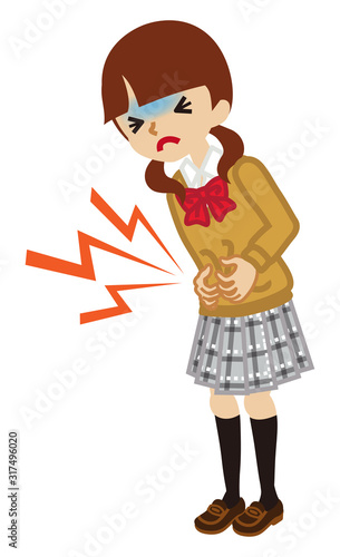 Female high school student suffering from stomach ache - flu symptom clip art, full length