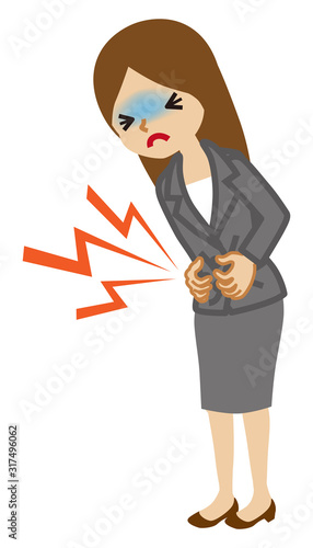 Businesswoman suffering from stomach ache - flu symptom clip art, full length