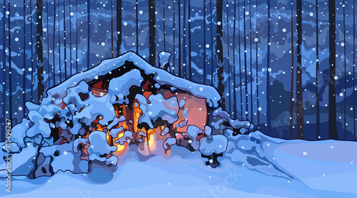 cartoon snowy hut illuminated from the inside in the evening in the forest