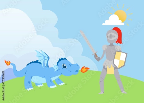 Knight or swordsman fighting with fierce dragon breathing fire vector cartoon illustration. Legendary hero struggle evil monster. Scene from fairytale or legend. Knight and dragon for kids books.