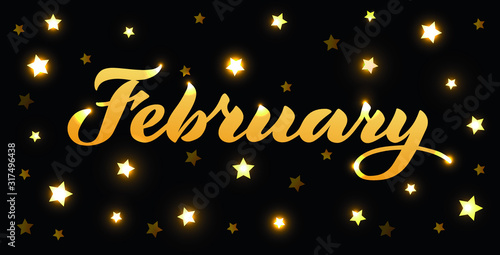 February - vector lettering of hand drawn.  Gold illustration with gold stars on black background.  EPS 10