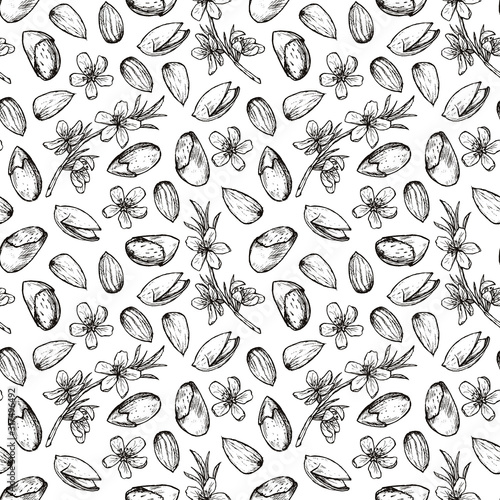 Seamless pattern with sketches of almonds and its flowers.