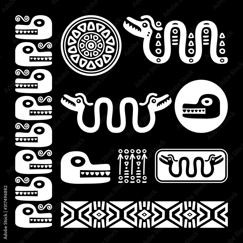 Aztec animals, Mayan snake, ancient Mexican vector design set in white on black background Aztec animals, Mayan snake, ancient Mexican vector design set in white on black background