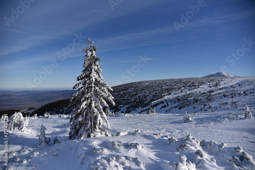 Winter panorama of Karkonosze Mountains, Poland.