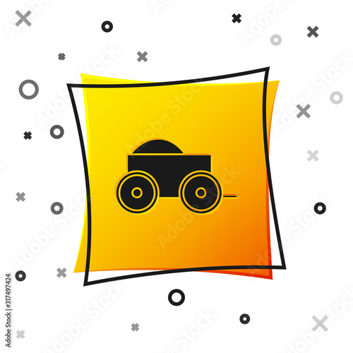 Black Wooden four-wheel cart with hay icon isolated on white background. Yellow square button. Vector Illustration