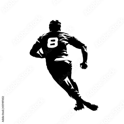 Rugby player running with ball, rear view, isolated vector silhouette. Ink drawing