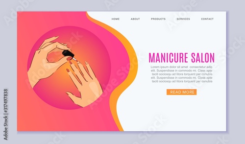 Manicure and nail art salon web template with female manicured hands and fingers with nail polisher bottle cartoon vector illustration. Manicure salon webpage.