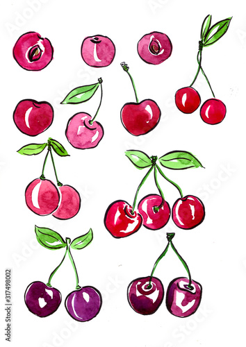 cherry hand painted with watercolors, illustration for cooking book, kitchen decor or recipe. Red color.