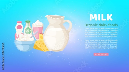 Milk and diary organic products poster with different sorts of cheese, sour cream, yogurt and butter vector illustration. Organic milk farm products for diary shop web banner.