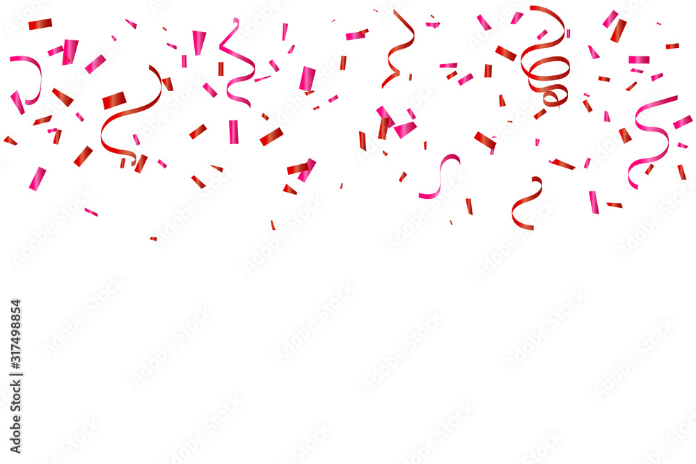 Many Falling Red And Pink Tiny Confetti With Ribbon Isolated On White Background. Vector