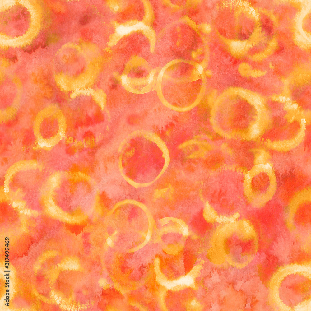 Watercolor orange circle abstract background with splashes, drops. Hand