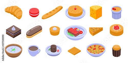 French food icons set. Isometric set of french food vector icons for web design isolated on white background
