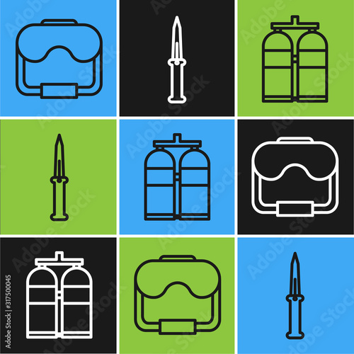 Set line Diving mask, Aqualung and Army knife icon. Vector